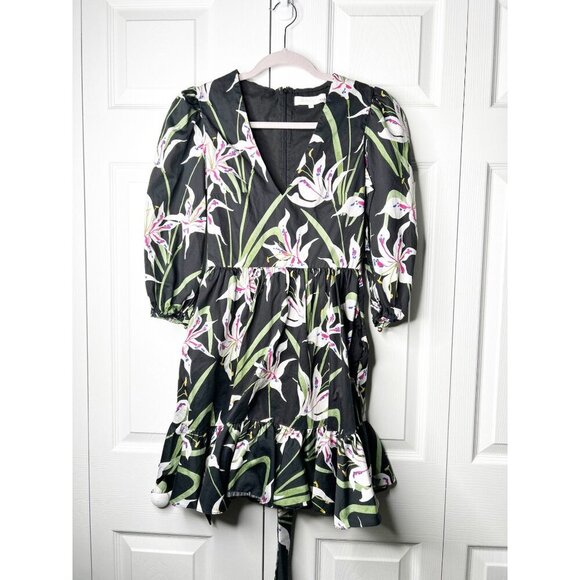 Borgo de Nor Anita Black Lily Print 100% Cotton Wrap Mini Dress Women's Size 0-2